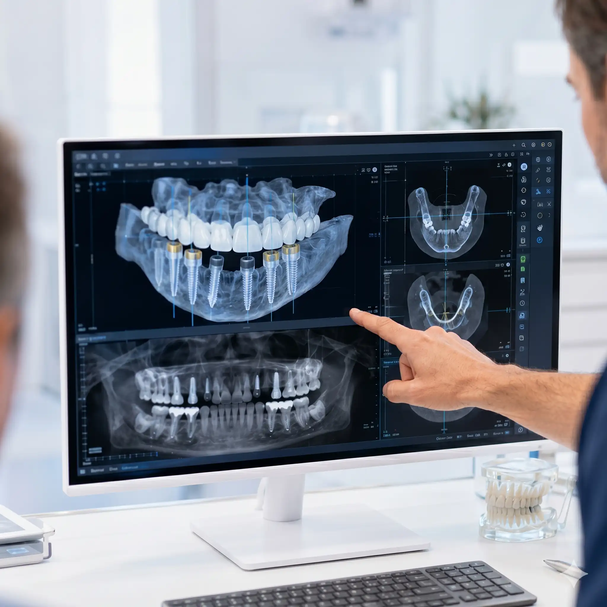 Стоматолог показывает на мониторе 3D-модель челюсти с установленными имплантами